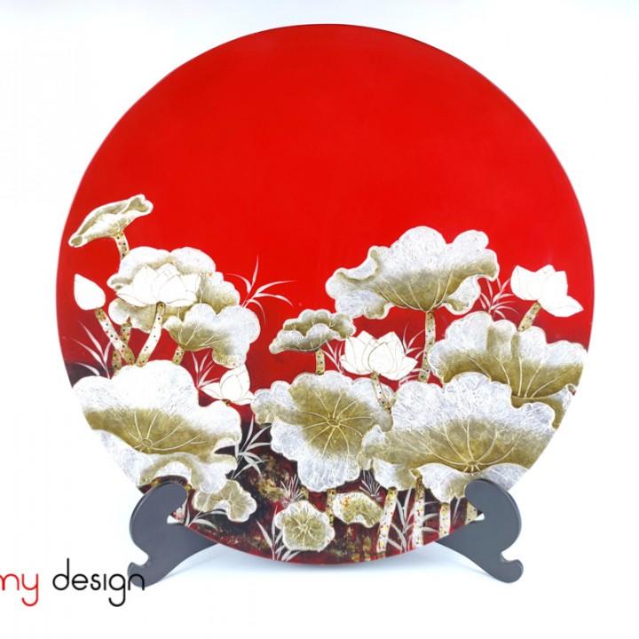 Red round lacquer dish hand-painted with lotus included with stand 45 cm